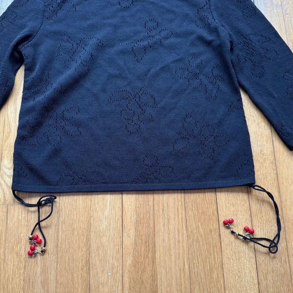 VTG St. John Size S Black Wool Knit 3/4 Sleeve Boat Neck Top w/ Red Beaded Tie